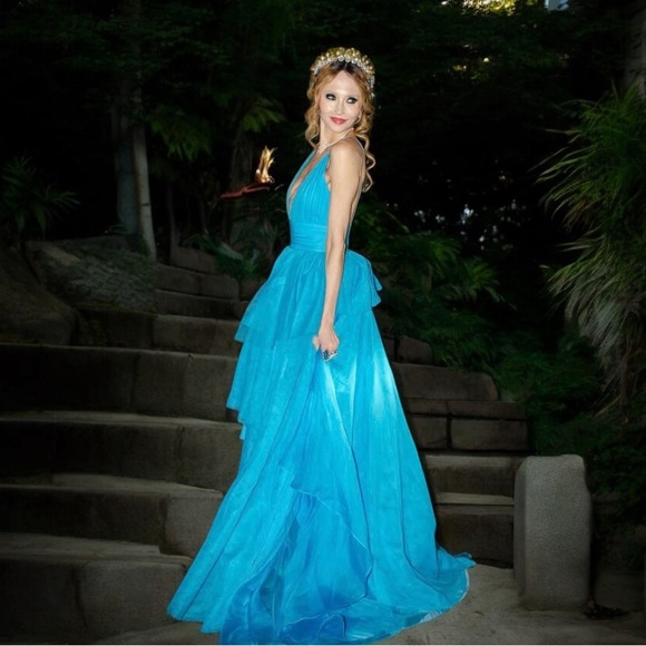 Alice + Olivia Turquoise Tiered Tulle Gown Size 6 Sleeveless Blue Ballgown NWT - Picture 2 of 16